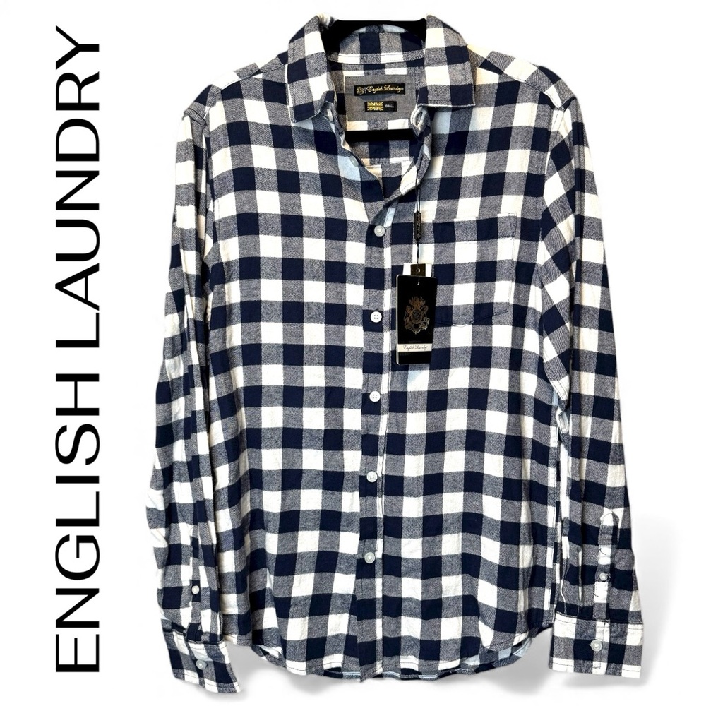 ENGLISH LAUNDRY Men's Navy Checkered Classic Fit Flannel Shirt Size Small NEW